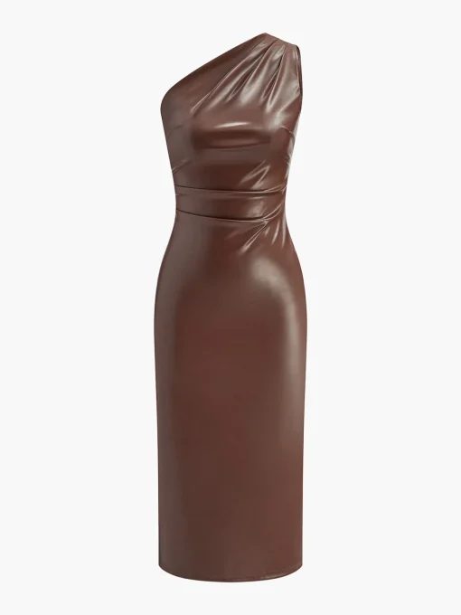 COMMENSE Dresses^Faux Leather One-Shoulder Zipper Tank Dress DarkBrown