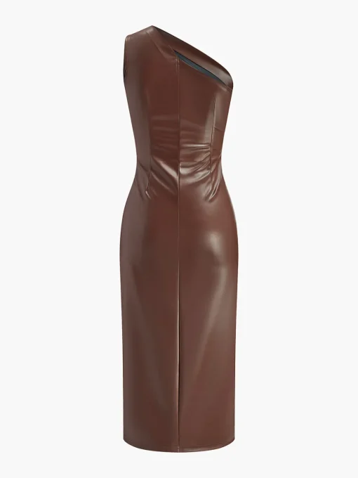 COMMENSE Dresses^Faux Leather One-Shoulder Zipper Tank Dress DarkBrown