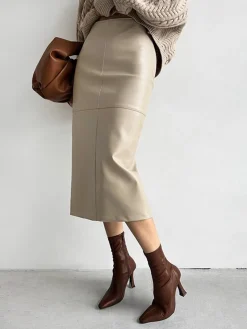 COMMENSE Skirts|Bottoms^Faux Leather Piping Sit Midi Skirt Apricot