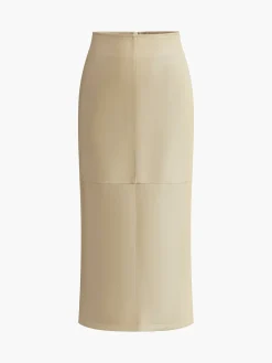 COMMENSE Skirts|Bottoms^Faux Leather Piping Sit Midi Skirt Apricot
