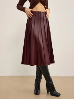 COMMENSE Skirts|Bottoms^Faux Leather Pleated Midi Skirt Burgundy