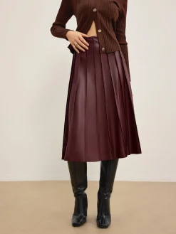 COMMENSE Skirts|Bottoms^Faux Leather Pleated Midi Skirt Burgundy