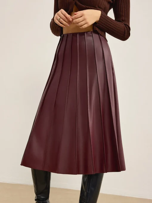 COMMENSE Skirts|Bottoms^Faux Leather Pleated Midi Skirt Burgundy
