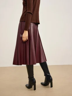 COMMENSE Skirts|Bottoms^Faux Leather Pleated Midi Skirt Burgundy