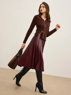 COMMENSE Skirts|Bottoms^Faux Leather Pleated Midi Skirt Burgundy