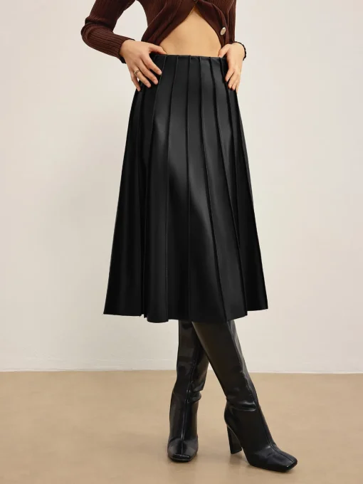 COMMENSE Skirts|Bottoms^Faux Leather Pleated Midi Skirt Burgundy