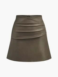 COMMENSE Skirts|Bottoms^Faux Leather Pleated Skirt LightBrown
