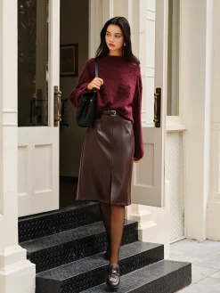 COMMENSE Skirts^Faux Leather Pockets Skirt Without Belt Burgundy