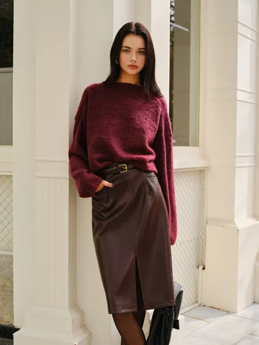 COMMENSE Skirts^Faux Leather Pockets Skirt Without Belt Burgundy