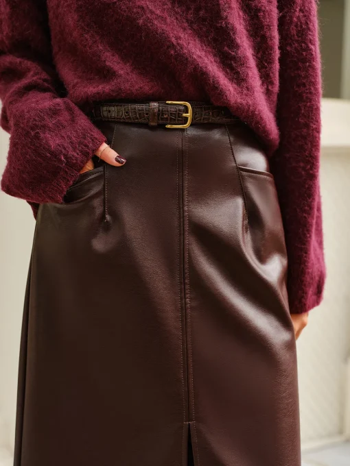 COMMENSE Skirts^Faux Leather Pockets Skirt Without Belt Burgundy