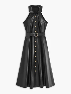 COMMENSE Dresses^Faux Leather Sleeveless Belted Dress Black