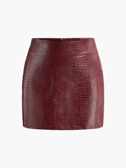 COMMENSE Skirts|Bottoms^Faux Leather Textured Mini Skirt Burgundy