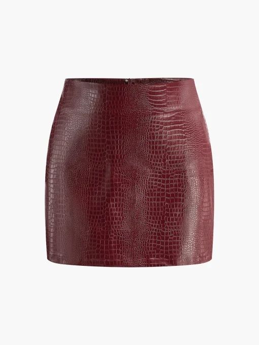COMMENSE Skirts|Bottoms^Faux Leather Textured Mini Skirt Burgundy