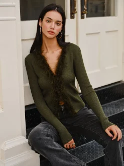 COMMENSE Sweater Tops|Sweaters & Cardigans^Feather Trim Wool-Blend Slim Sweater DarkGreen