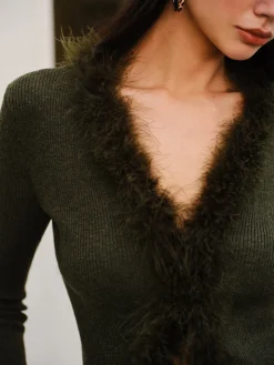 COMMENSE Sweater Tops|Sweaters & Cardigans^Feather Trim Wool-Blend Slim Sweater DarkGreen