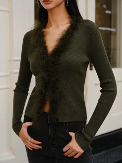 COMMENSE Sweater Tops|Sweaters & Cardigans^Feather Trim Wool-Blend Slim Sweater DarkGreen