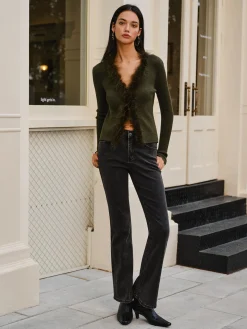 COMMENSE Sweater Tops|Sweaters & Cardigans^Feather Trim Wool-Blend Slim Sweater DarkGreen