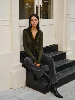 COMMENSE Sweater Tops|Sweaters & Cardigans^Feather Trim Wool-Blend Slim Sweater DarkGreen
