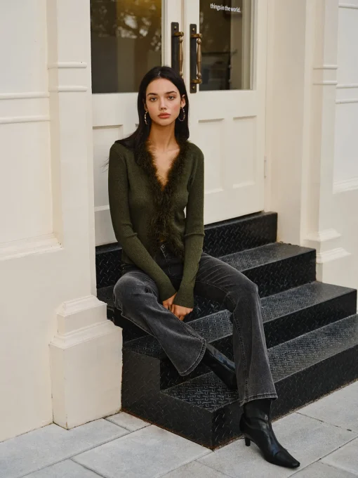 COMMENSE Sweater Tops|Sweaters & Cardigans^Feather Trim Wool-Blend Slim Sweater DarkGreen