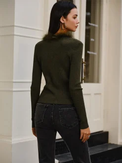 COMMENSE Sweater Tops|Sweaters & Cardigans^Feather Trim Wool-Blend Slim Sweater DarkGreen