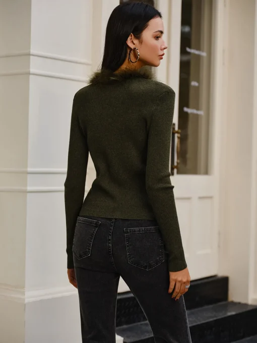 COMMENSE Sweater Tops|Sweaters & Cardigans^Feather Trim Wool-Blend Slim Sweater DarkGreen