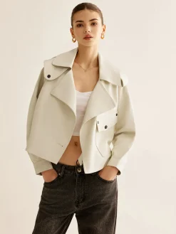 COMMENSE Outerwear|Jackets^Flap-Pocket Faux Leather Jacket White