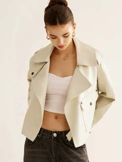 COMMENSE Outerwear|Jackets^Flap-Pocket Faux Leather Jacket White