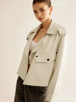 COMMENSE Outerwear|Jackets^Flap-Pocket Faux Leather Jacket White