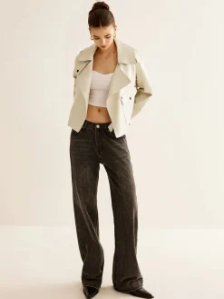 COMMENSE Outerwear|Jackets^Flap-Pocket Faux Leather Jacket White