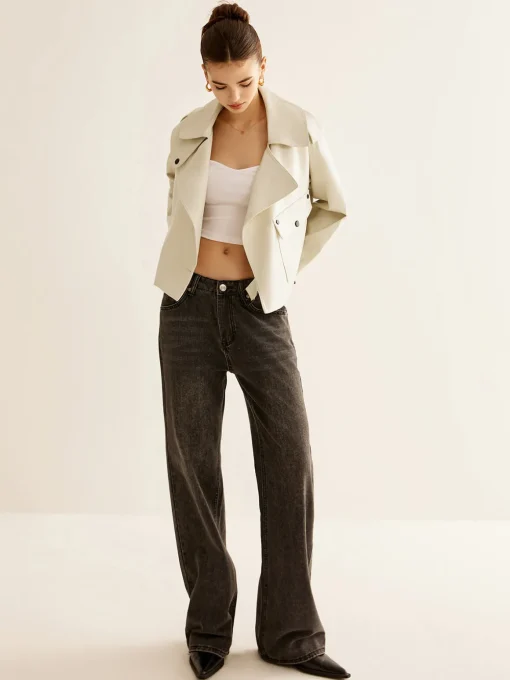 COMMENSE Outerwear|Jackets^Flap-Pocket Faux Leather Jacket White