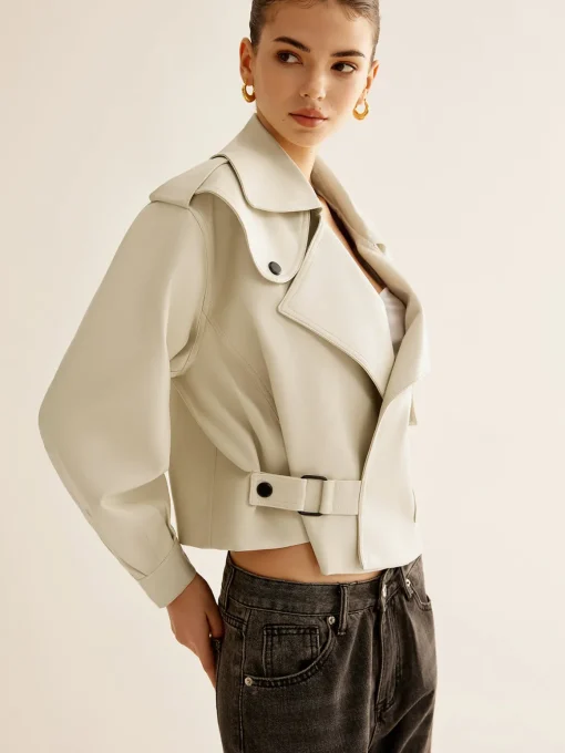 COMMENSE Outerwear|Jackets^Flap-Pocket Faux Leather Jacket White