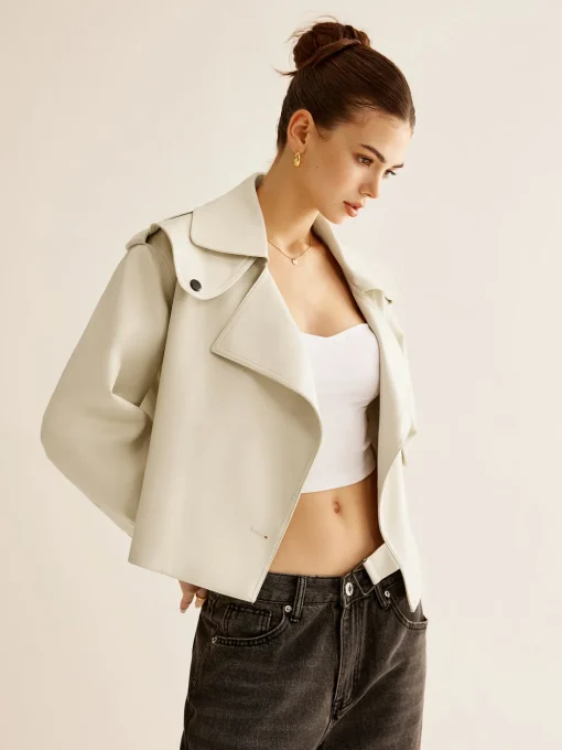 COMMENSE Outerwear|Jackets^Flap-Pocket Faux Leather Jacket White