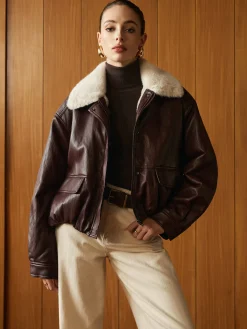 COMMENSE Outerwear|Coats^Fleece Lined Faux Leather Zipper Coat Burgundy