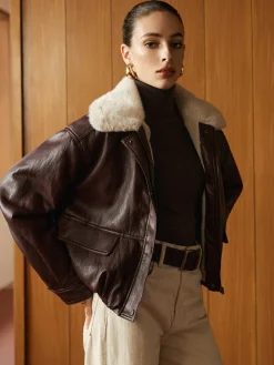 COMMENSE Outerwear|Coats^Fleece Lined Faux Leather Zipper Coat Burgundy