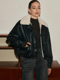 COMMENSE Outerwear|Coats^Fleece Lined Faux Leather Zipper Coat Burgundy