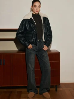 COMMENSE Outerwear|Coats^Fleece Lined Faux Leather Zipper Coat Burgundy