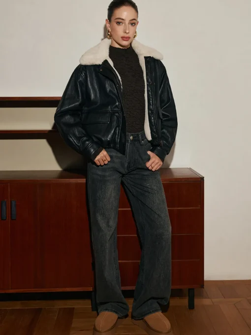 COMMENSE Outerwear|Coats^Fleece Lined Faux Leather Zipper Coat Burgundy