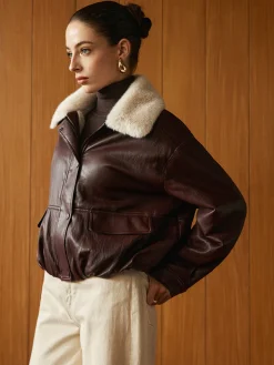 COMMENSE Outerwear|Coats^Fleece Lined Faux Leather Zipper Coat Burgundy