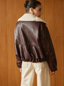COMMENSE Outerwear|Coats^Fleece Lined Faux Leather Zipper Coat Burgundy