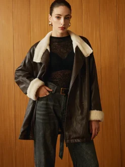 COMMENSE Outerwear|Jackets^Fleecing PU Leather Belted Jacket DarkBrown