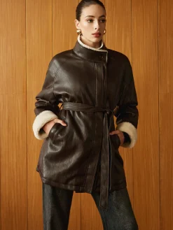 COMMENSE Outerwear|Jackets^Fleecing PU Leather Belted Jacket DarkBrown