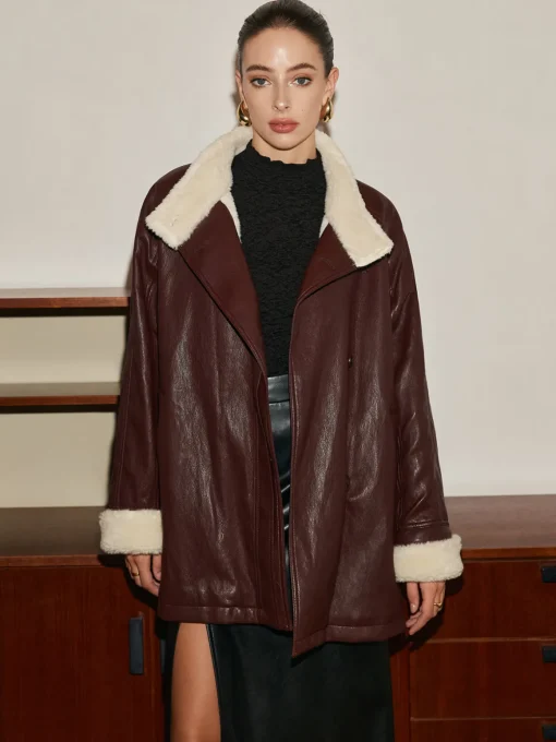 COMMENSE Outerwear|Jackets^Fleecing PU Leather Belted Jacket DarkBrown