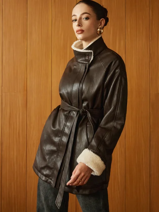 COMMENSE Outerwear|Jackets^Fleecing PU Leather Belted Jacket DarkBrown