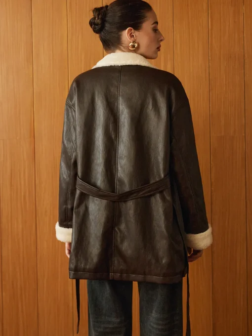 COMMENSE Outerwear|Jackets^Fleecing PU Leather Belted Jacket DarkBrown