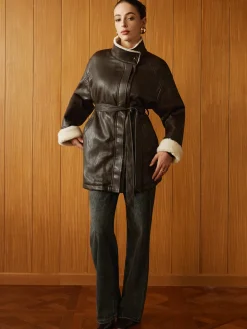 COMMENSE Outerwear|Jackets^Fleecing PU Leather Belted Jacket DarkBrown