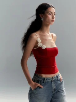 COMMENSE Tank Tops & Camis|Tops^Floral Contrast Trim Bodycon Cami Top Red