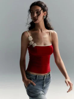 COMMENSE Tank Tops & Camis|Tops^Floral Contrast Trim Bodycon Cami Top Red