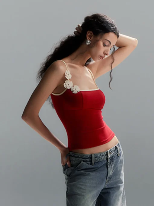 COMMENSE Tank Tops & Camis|Tops^Floral Contrast Trim Bodycon Cami Top Red