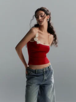 COMMENSE Tank Tops & Camis|Tops^Floral Contrast Trim Bodycon Cami Top Red