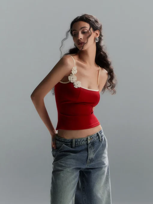 COMMENSE Tank Tops & Camis|Tops^Floral Contrast Trim Bodycon Cami Top Red